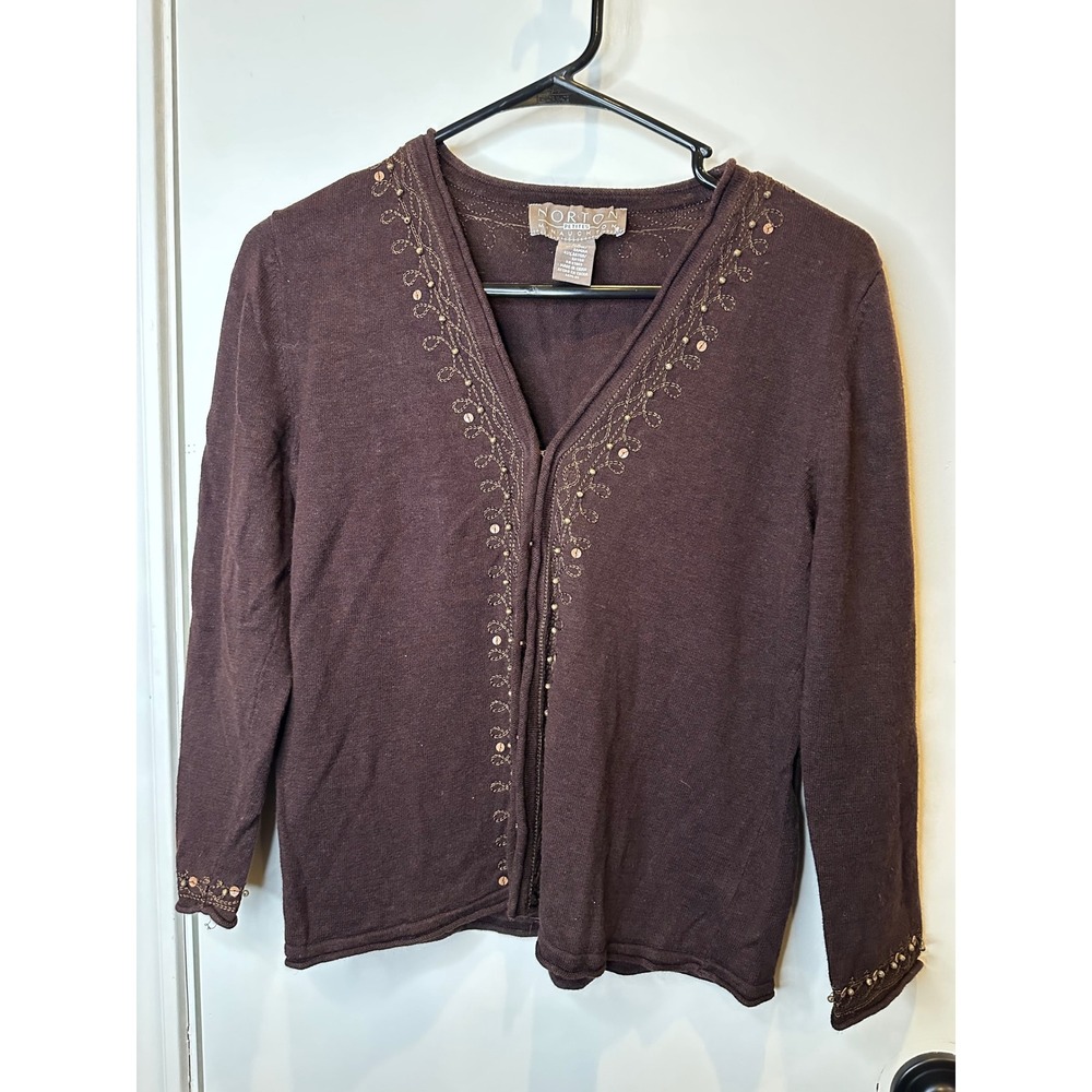 Norton McNaughton Petites Brown Beaded Embroidered Cardigan Sweater PS